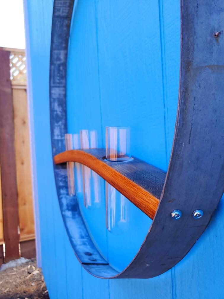 Wine Barrel Hoop and Barrel Stave Shelf With Three 3 Inset Tube Vases
