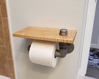 Industrial Pipe Toilet Paper Holder w/ Wood Shelf - Rustic Steampunk Farmhouse Bathroom Decor