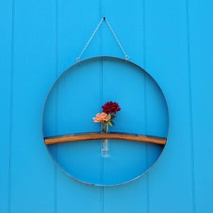 Wine Barrel Hoop and Barrel Stave Shelf with One (1) Centered Inset Tube Vase
