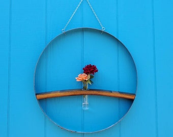 Wine Barrel Hoop and Barrel Stave Shelf with One (1) Centered Inset Tube Vase