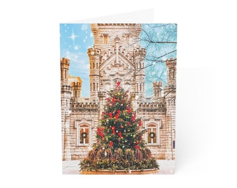 Chicago Water Tower Holiday Folded Greeting Cards 1, 10, 30, and 50pcs, Chicago Christmas Tree Postcard, Chicago Note Card, Chicago Greeting