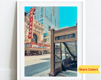 Druk neonowego znaku Chicago Theater, zdjęcie State Street Chicago, fotografia Chicago, sztuka ścienna Chicago, wydruki Chicago, sztuka charakterystyczna dla Chicago
