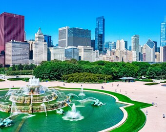 Chicago Buckingham Fountain Photo, Chicago Skyline Summer Print, Chicago Drone Photography, Chicago Wall Art, Chicago Architecture Picture