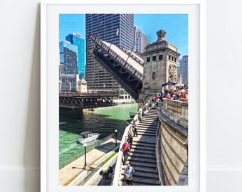 Michigan Avenue Bridge, Chicago Riverwalk Art, Rising Bridges Chicago, Chicago Photography, Chicago Wall Art, Chicago Prints,Large Art Print