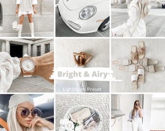May include: A collage of nine images featuring a white car, a person wearing a white shirt and white pants, a person wearing a white shirt and white pants, a person wearing a white shirt and white pants, a person wearing a white shirt and white pants, a person wearing a white shirt and white pants, a person wearing a white shirt and white pants, a person wearing a white shirt and white pants, and a person wearing a white shirt and white pants. The text "Bright & Airy - Lightroom Preset" is visible in the center of the collage.