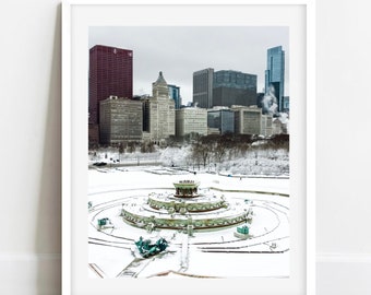 Chicago Buckingham Fountain Photo, Chicago Skyline Winter Print, Chicago Drone Photography, Chicago Winter Wall Art, Chicago Snow Prints