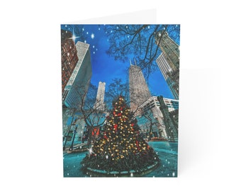 Chicago Water Tower Holiday Folded Greeting Cards 1, 10, 30, and 50pcs, Chicago Christmas Tree Postcard, Chicago Note Card, Chicago Greeting