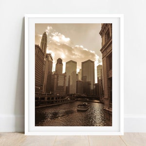 Chicago Riverwalk Sepia Print, Chicago River Art, Chicago Sunset, Chicago Photography, Chicago Wall Art, Chicago Prints, City Photography