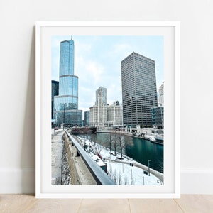 Chicago Riverwalk Winter Photo, Chicago River Picture, Chicago Architecture Photography,Wrigley Building Wall Art,Trump Tower Chicago Poster
