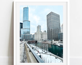 Chicago Riverwalk Winter Photo, Chicago River Picture, Chicago Architecture Photography,Wrigley Building Wall Art,Trump Tower Chicago Poster