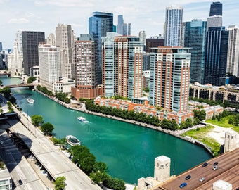 Chicago Riverwalk Photo, Chicago Skyline Print, Chicago Drone Photography, Chicago Riverwalk Wall Art, Chicago River Picture, Chicago Poster