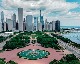 Fotografia de Chicago, Horizonte de Chicago, Fonte de Buckingham, Gravuras do Lago Michigan, Arte de parede de Chicago, Foto aérea de Chicago, Gravuras de Chicago
