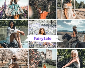 May include: A collage of nine images featuring women in various settings, including a forest, a field of flowers, and a castle. The images are all in a soft, dreamy style, with a light and airy feel. The text "Fairytale Lightroom Preset" is superimposed on the image.