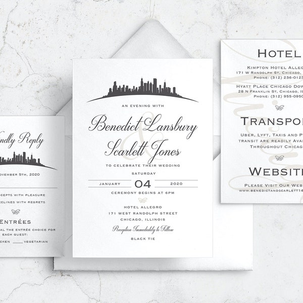 Urban Chic Sophisticated Chicago Wedding Invitation Suite - Customizable - Professionally Printed or Digital File for Self Print