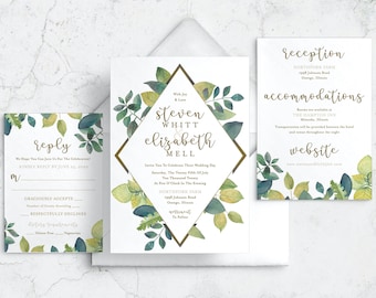 Modern Vibrant Greenery Rustic Wedding Invitation Suite - Customizable - Professionally Printed or Digital File for Self Print