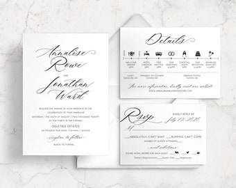 Formal Classic Romantic Victorian Wedding Invitation Suite - Customizable - Professionally Printed or Digital File for Self Print