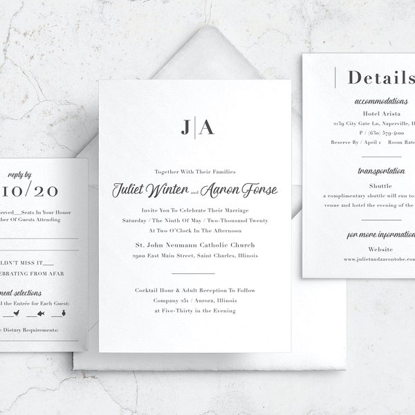 Classic Contemporary Simple Graceful Wedding Invitation Suite - Customizable - Professionally Printed or Digital File for Self Print