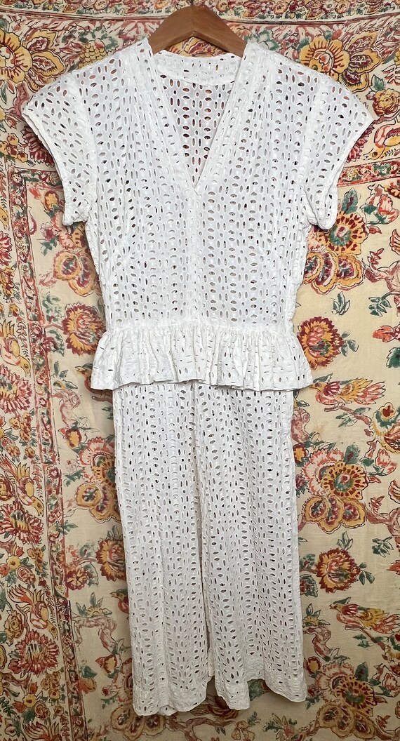 1940's White Eyelet Dress Peplum Skirt XS Handmade - image 2