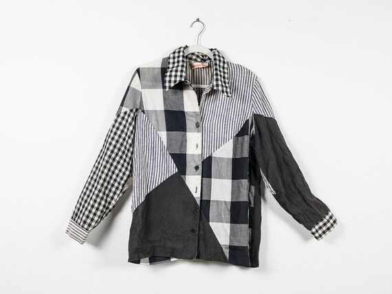 1970s Plaid Patchwork Button-Up Blouse