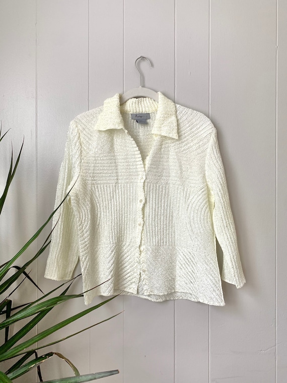 textured micro pleated ivory button up blouse