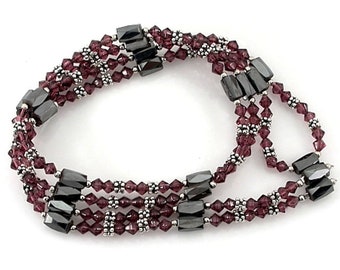 HEMATITE MAGNETIC and Magenta GLASS Bicones with spacers - long strand 32" - Bicone - Faceted -  jewellery jewelry crafts
