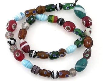 MIXED GLASS Lampwork style  BEADS - 16 inch strand - Multi Colour - various sizes - 37 pcs - jewellery jewelry crafts