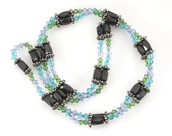 HEMATITE MAGNETIC and  Blue. Aqua, Green GLASS Bicones with spacers - long strand 32" - Bicone - Faceted -  jewellery jewelry crafts