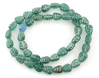 TEAL IRIDESCENT  glass 16 inch strand - Carved Leaf BEADS - 10 x 8mm - 40 pcs - jewellery jewelry crafts