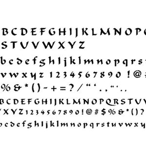 May include: A black and white font alphabet with uppercase and lowercase letters, numbers, and punctuation marks. The font is a stylised, gothic-style font.