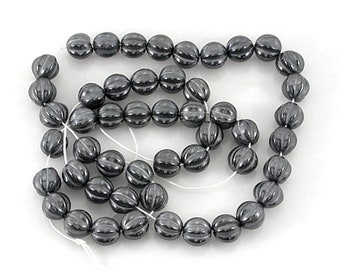 ROUND FLUTED  Glass Beads -  16 inch strand - HEMATITE - 8mm - 50 pcs - jewellery jewelry crafts
