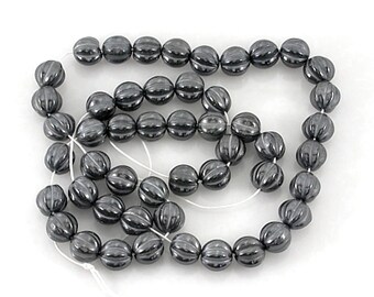 ROUND FLUTED  Glass Beads -  16 inch strand - HEMATITE - 8mm - 50 pcs - jewellery jewelry crafts