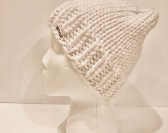White Knitted Hat | Winter Beanie | Soft Knitted Adult Hat | Gift For Adult | Strechy Slouchy Knit Hat | Unisex Knit Hat