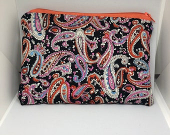 Orange Navy Paisley Makeup Bag | Zipper Pouch | Accessory Case | Back to School Bag | Pencil Case | Cosmetic Bag | Toiletry Storage