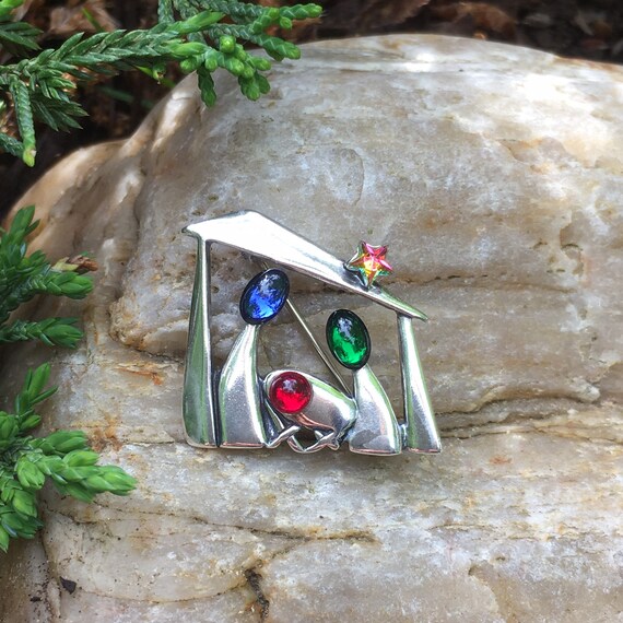 I0677. Nativity Scene Pin Sterling Silver w Jewels by… Gem