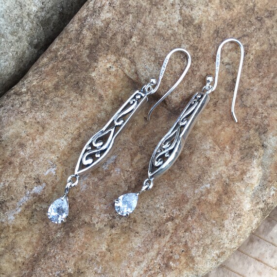 925 Silver Ornate Cubic Zirconia Earrings Item w# 1490