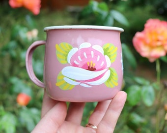 Canal roses traditional English canal ware, hand-painted PINK with white rose enamel mugs, perfect housewarming gift & alfresco dining