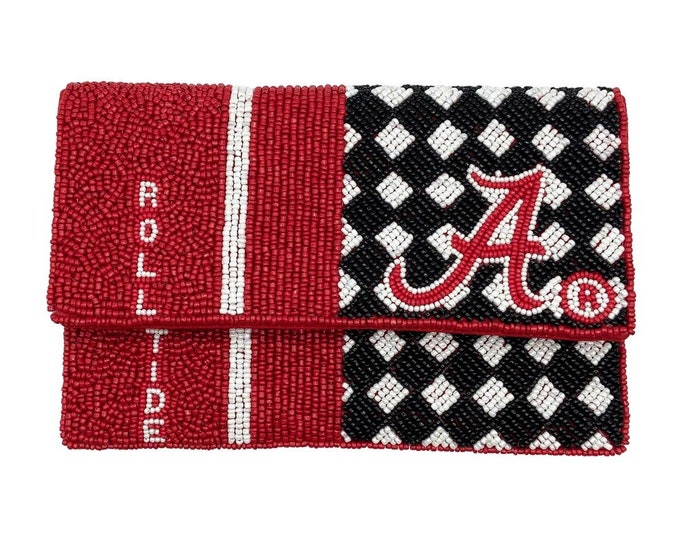 Alabama Seed Beaded Handbag With Detachable Chain Strap, Roll Tide