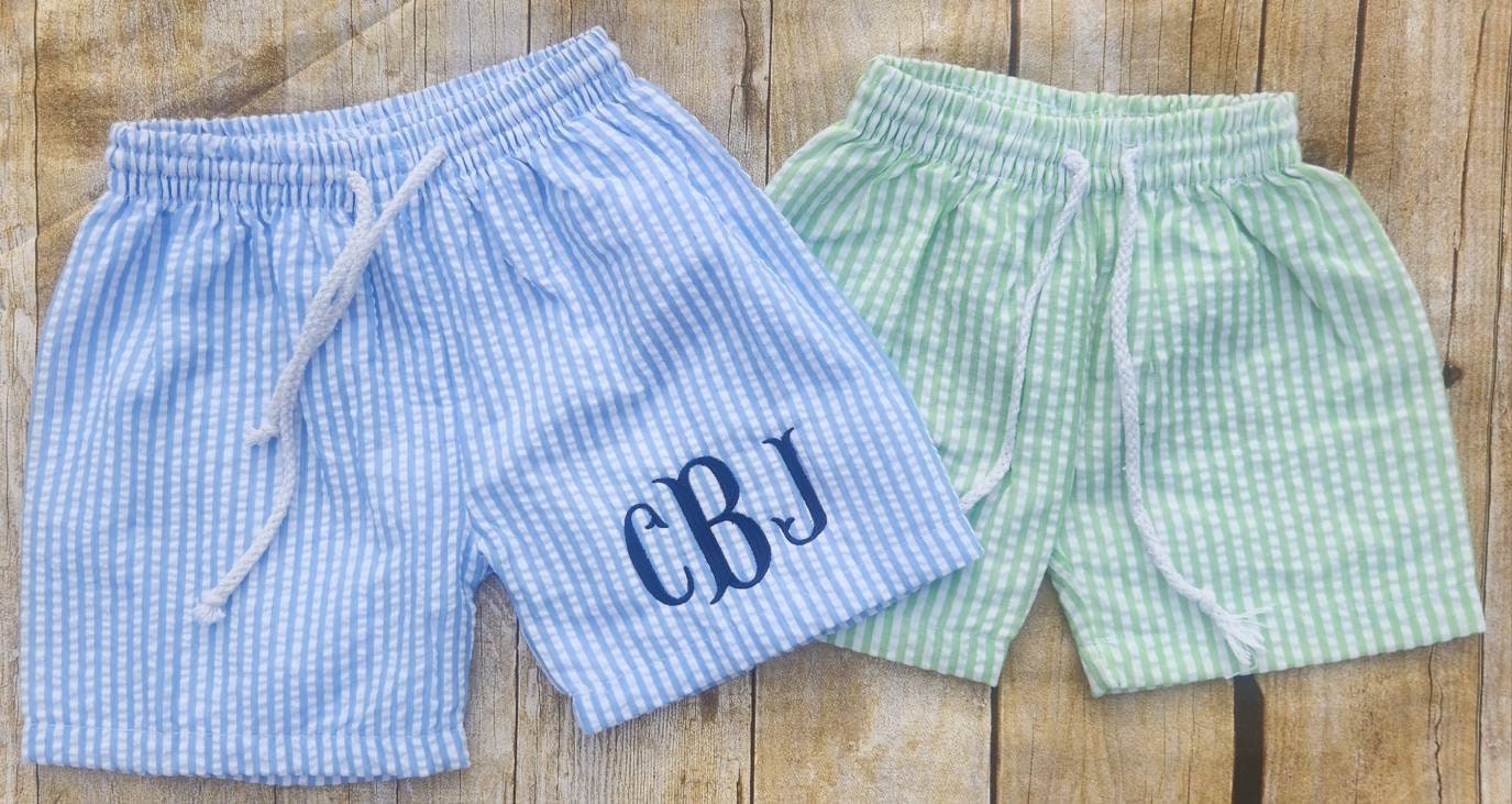 White & Blue Watercolor Monogram Swim Shorts