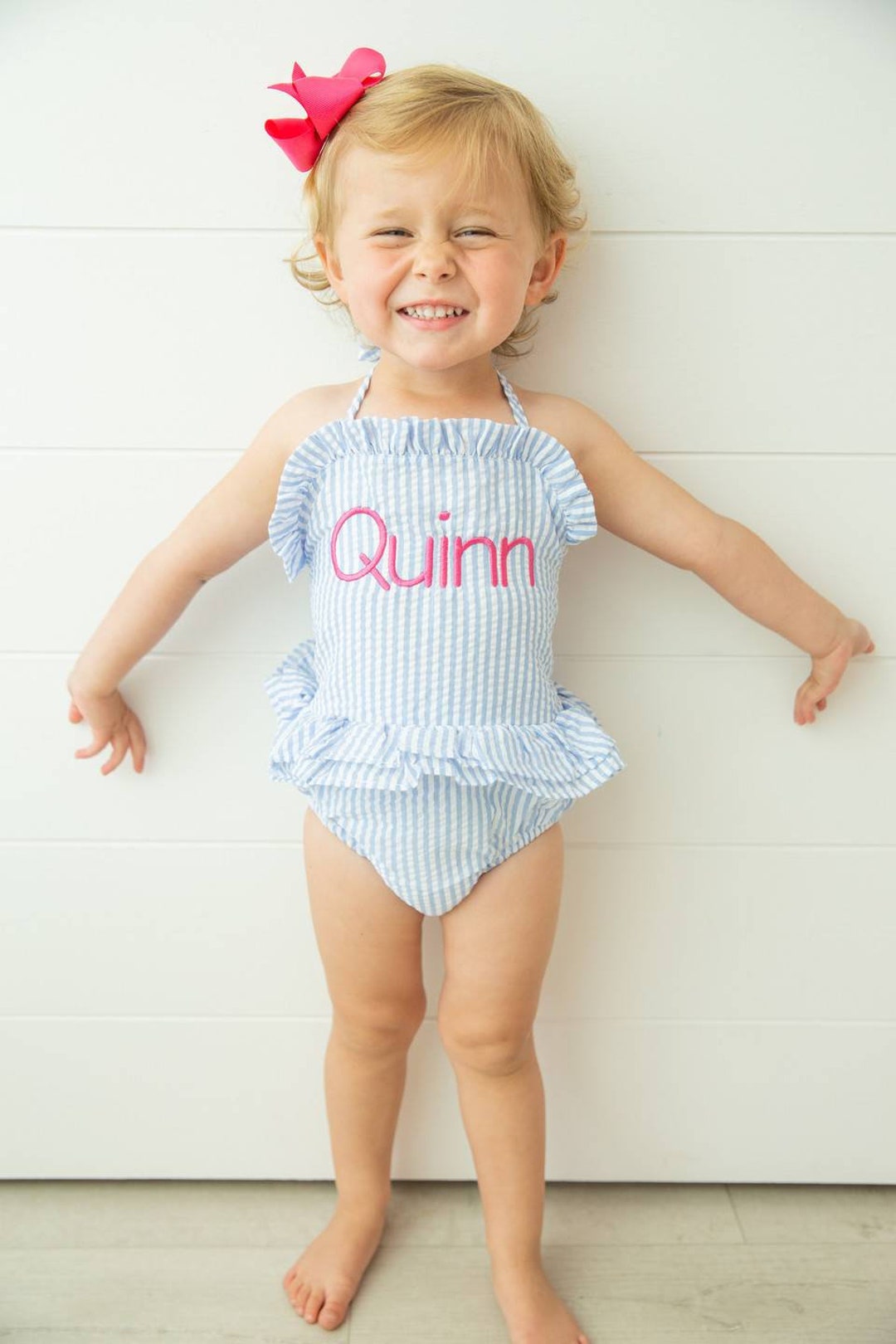 Monogrammed One Piece Swimsuit, Seersucker Swimsuit, Baby Girl Swimsuit