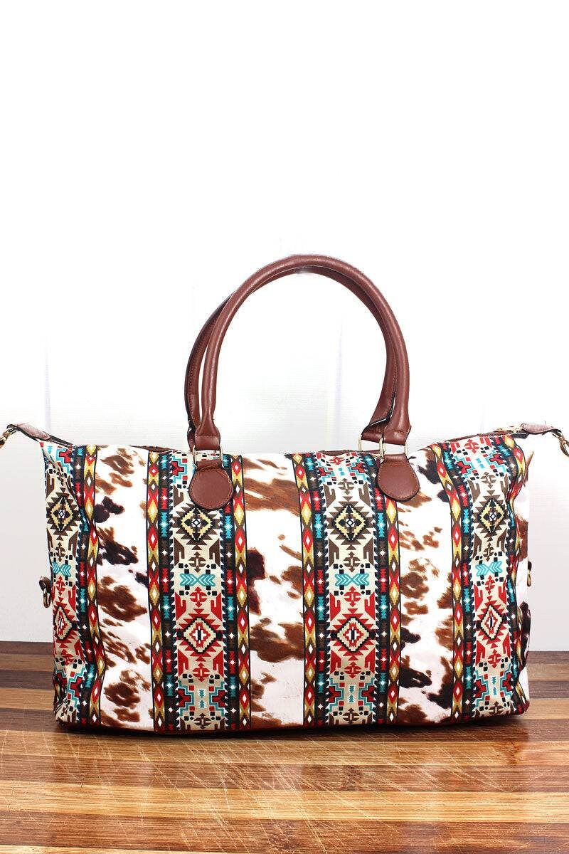 Tribal Cowhide Print Weekender Bag Brown and White Cow Print - Etsy