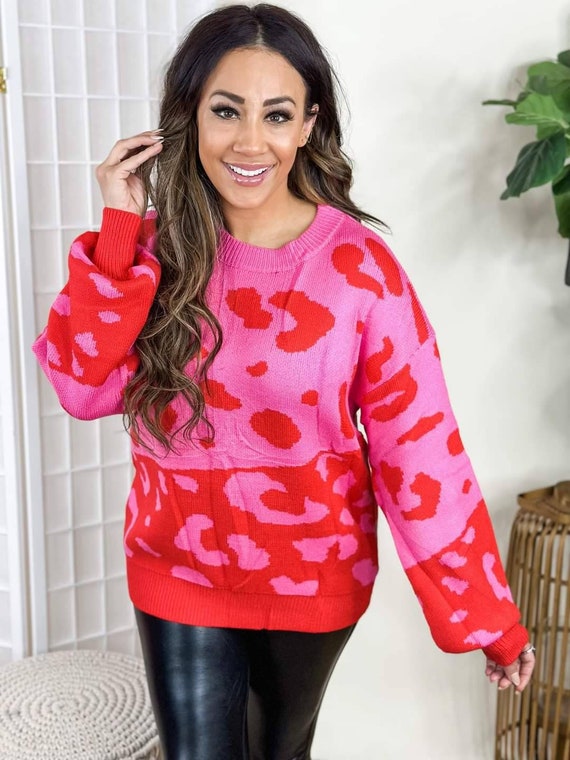 Pink Sweater Leopard Sweater Pink Colorblock Sweater Gift for