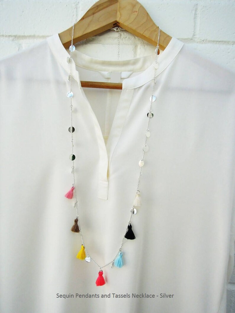 Long Sequin Pendants Tassels Necklace Gold and Silver Color Tassels Necklace Sequin Pendant with Thin Long Chain