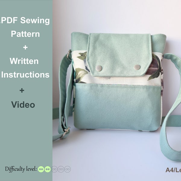 Messenger Bag pdf Sewing Pattern with Flap Closure, Front Pocket and Adjustable Strap