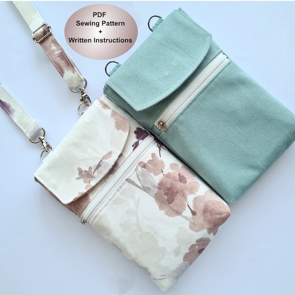 Everyday Crossbody Cell Phone Bag pdf Sewing Pattern and Tutorial, Spacious Mobile Phone Pouch With 2 Zippered Pockets and Adjustable Strap