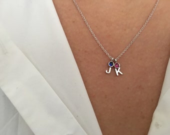 Letter birthstone necklace, Initial Necklace, Gold Necklace, Birthstone Necklace, Family Necklace,  Personalized Necklace, Letter Necklace