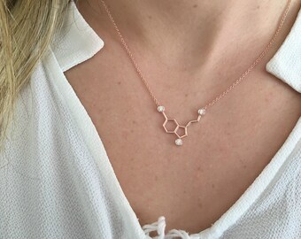 science serotonin silver cz necklace, womens geometry molecule necklace, graduation necklace, gift