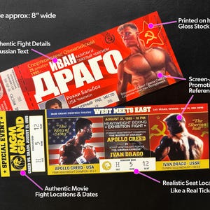 Drago vs Apollo Tickets and Rocky Vs Drago Fight Tickets - Rocky Balboa - Ivan Drago -Stallone Rocky IV - 80&#39;s - Movie Prop