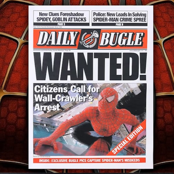 Réplica del periódico Daily Bugle de Spiderman con la leyenda "Se busca"
