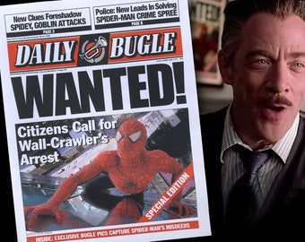 Spiderman Newspaper Spider-Man Daily Bugle Newspaper Prop Replica Tobey Maguire Spiderman 2002 Spiderman Raimi WANTED Venom Oscorp Amazing