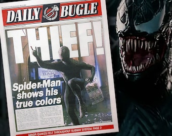 Daily Bugle Newspaper THIEF Spider-Man 3 Full-Size Newspaper Replica - Tobey Maguire - Miles Morales Venom - Black Suit Spiderman